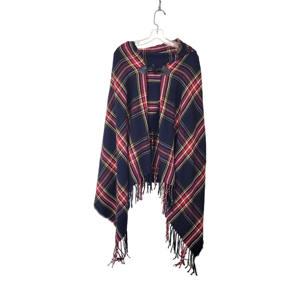 Plaid Hooded Poncho With Fringe & Toggle Closure